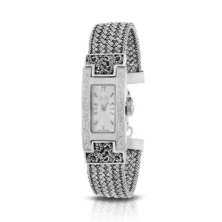 LH Scroll Engraved Rectangular Bezel Watch with Handwoven Sterling Silver Textile Weave Band