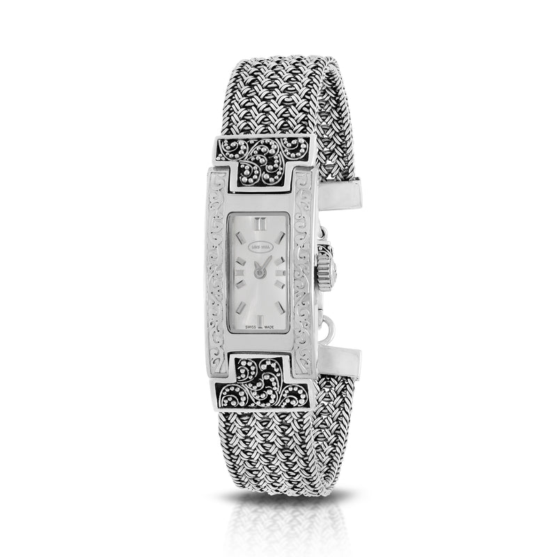 LH Scroll Engraved Rectangular Bezel Watch with Handwoven Sterling Silver Textile Weave Band