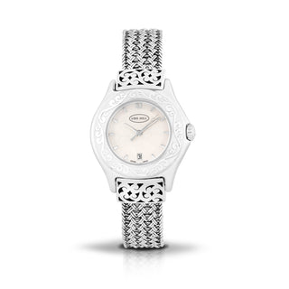 LH Scroll Engraved Round Bezel Watch with Sterling Silver Handwoven Textile Weave Band and Hand Carved Scroll Edges<br><b>Only 1 pc left!</b>