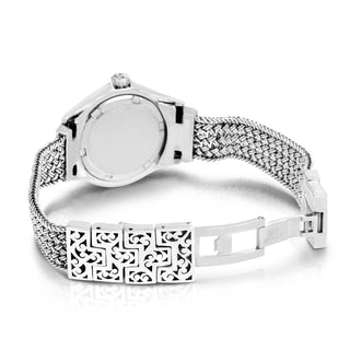 LH Scroll Engraved Round Bezel Watch with Sterling Silver Handwoven Textile Weave Band and Hand Carved Scroll Edges<br><b>Only 1 pc left!</b>