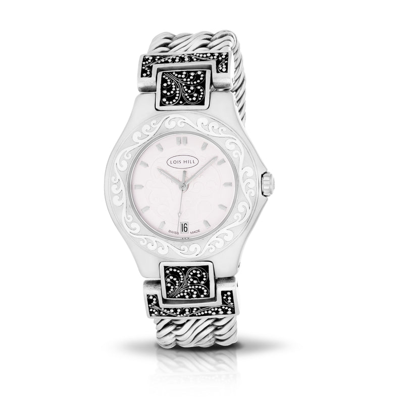LH Scroll Engraved Round Bezel Watch with Sterling Silver Handwoven Figure-8 Weave Band and Hand Granulation Scroll Edges