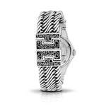 LH Scroll Engraved Round Bezel Watch with Sterling Silver Handwoven Figure-8 Weave Band and Hand Granulation Scroll Edges