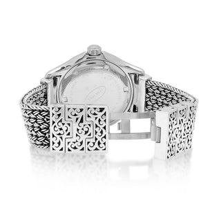 LH Scroll Engraved Round Bezel Watch with Sterling Silver Handwoven Textile Weave Band Hand Carved Scroll Edges