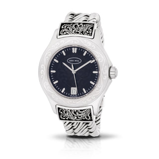 LH Engraved Scroll XL Round Bezel Watch with Sterling Silver Handwoven Figure-8 Weave Band and Hand Granulation LH Scroll Edges