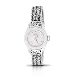 LH Engraved Small Round Roman Numeral Bezel Watch with Sterling Silver Handwoven Textile Weave Band and Hand Carved LH Scroll Edges<br><b>Only 1 pc left!</b>