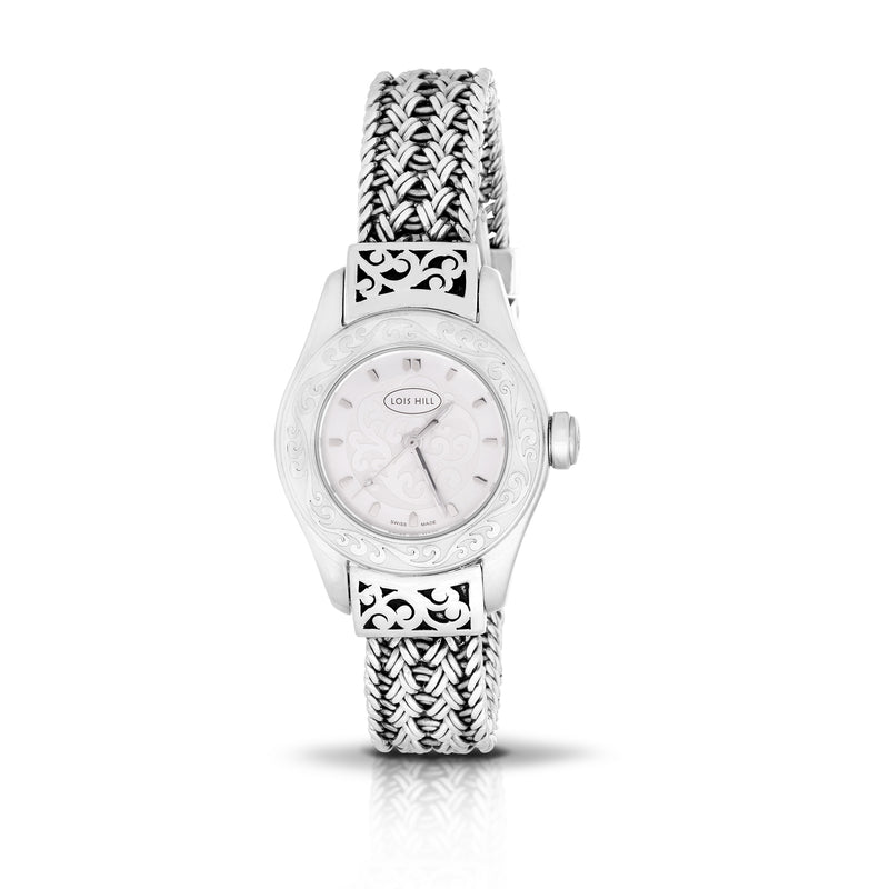 LH Engraved Small Round Roman Numeral Bezel Watch with Sterling Silver Handwoven Textile Weave Band and Hand Carved LH Scroll Edges<br><b>Only 1 pc left!</b>