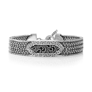 Granulated & Carved LH Scroll Alhambra ID Textile Weave Bracelet (13mm)