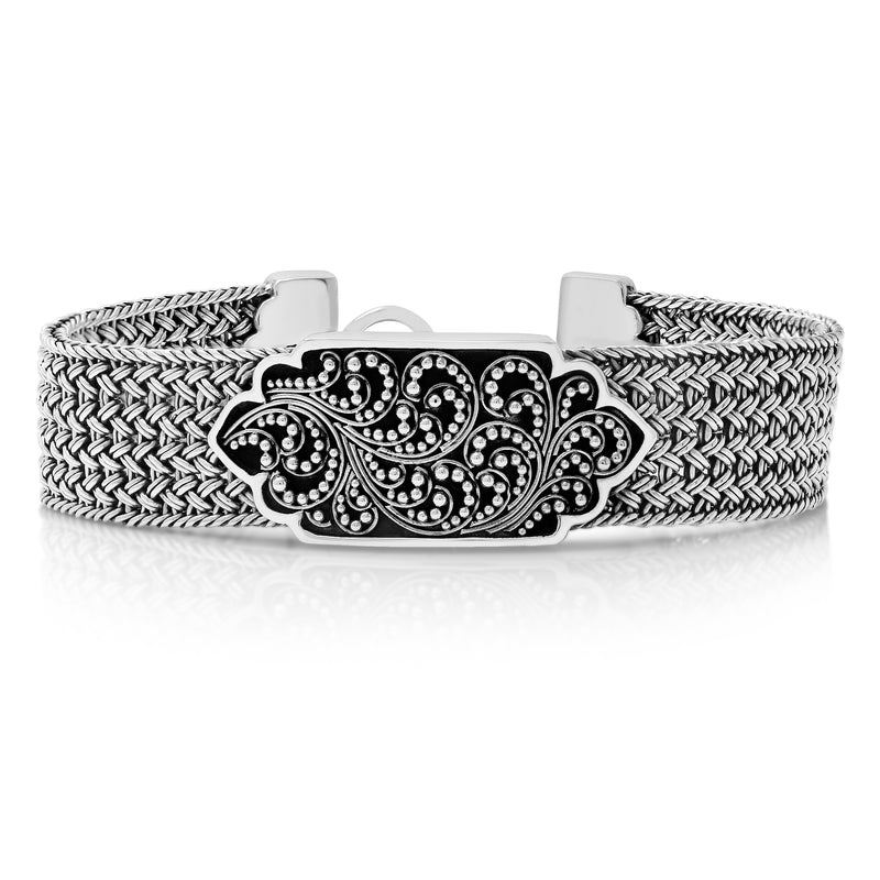 Granulated & Filigree  LH Scroll Alhambra  ID Textile Weave Bracelet (15mm)