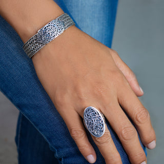 Intricate Textile Weave Bracelet (15mm) with Alhambra LH Scroll ID & Toggle Closure