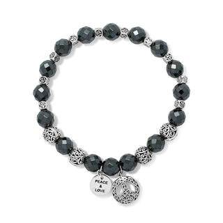 Hematite (8 mm) and LH Scroll Beads with Peace Charms Stretch Bracelet