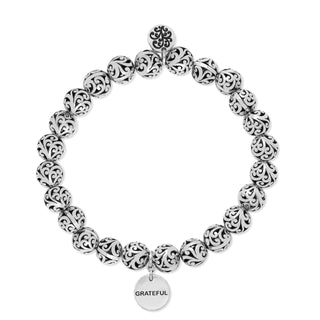 "Grateful" Charm, 8mm LH Scroll Bead Stretch Bracelet