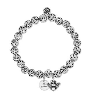 "Be the Change " and Bee Charm, 8mm LH Scroll Bead Stretch Bracelet