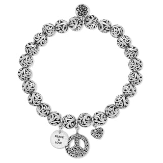 "Peace & Love" & Heart Charm, 8mm LH Scroll Bead Stretch Bracelet