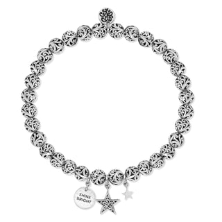 "Shine Bright" and Star Charm, 6mm LH Scroll Bead Stretch Bracelet
