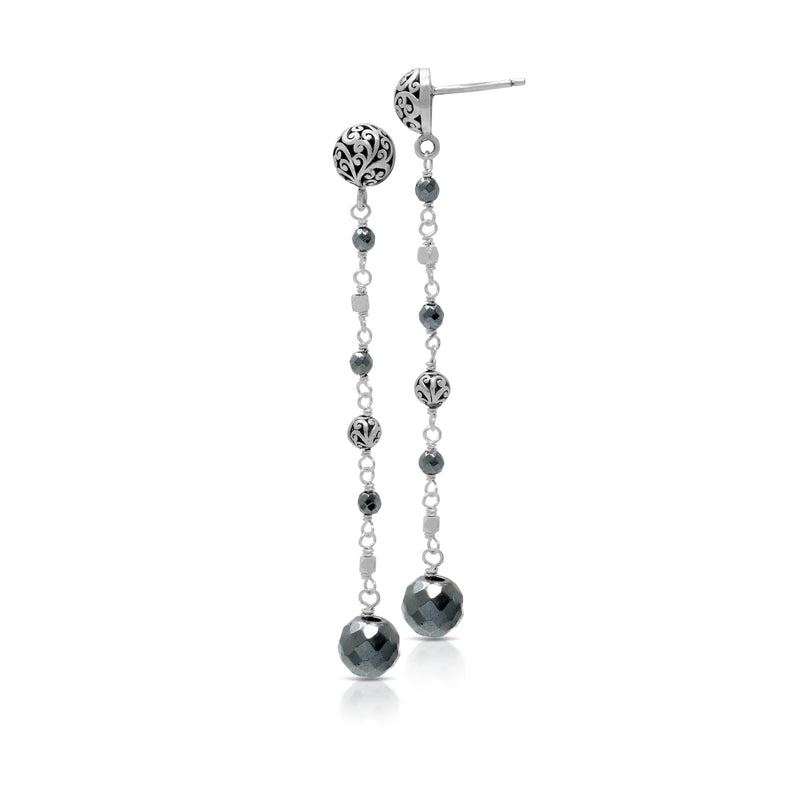 Hematite (7mm) and LH Scroll Beads Linear Drop Earrings