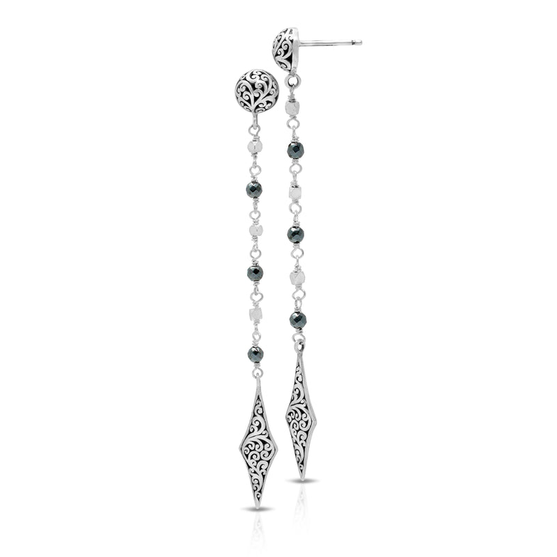 Hematite Beads with Diamond Shape Charm Linear Drop Earrings