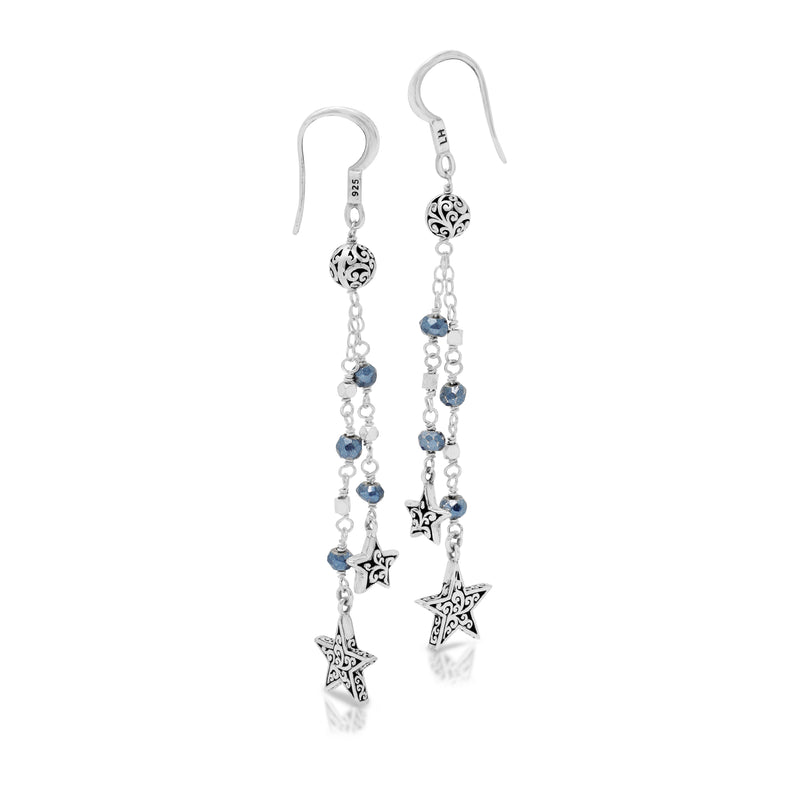 Dark Blue Pyrite Double Strand Star Earrings