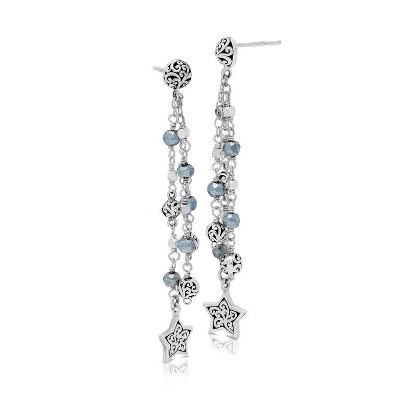 Light Blue Pyrite Star Triple Strand Earrings