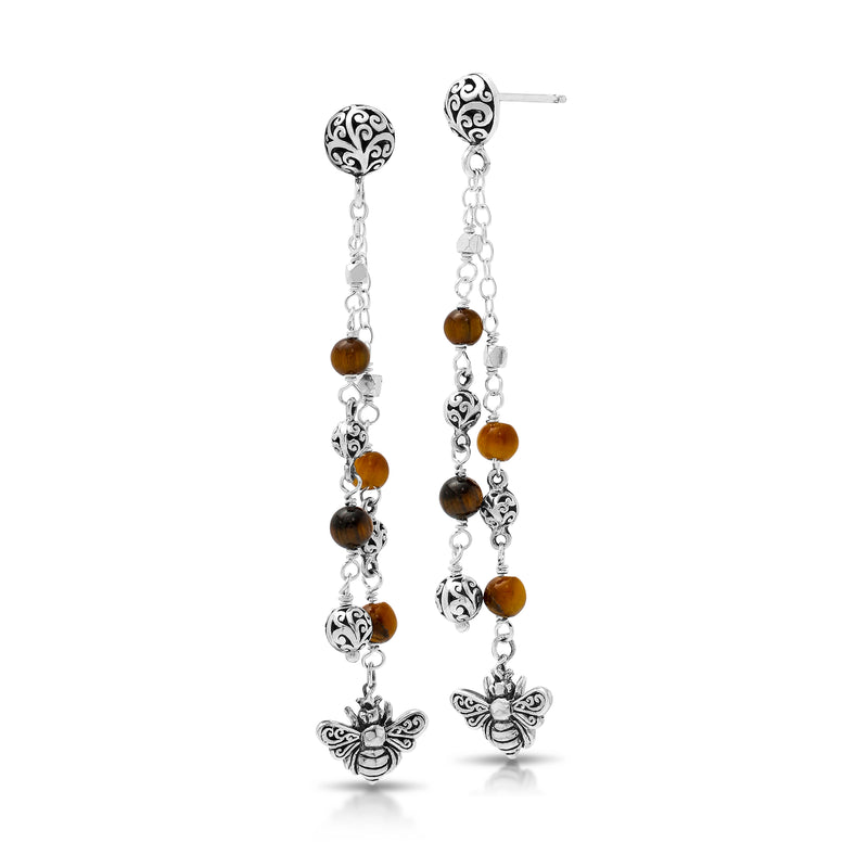 Tiger-Eye & LH Scroll Beads with Bee Charm Drop Earring