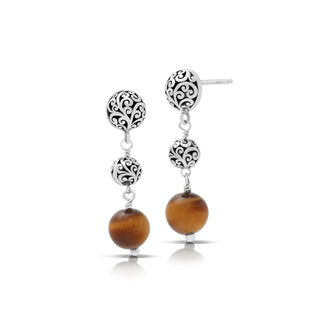 Tiger-Eye Signature Scroll Bead with LH Scroll Ball Dangle Earrings