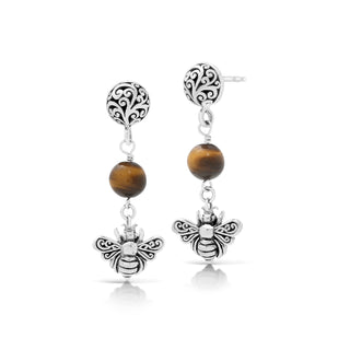 Tiger-Eye Signature Scroll Bead with Bee Dangle Earrings