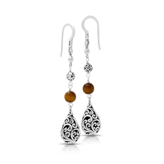 Tiger-Eye & LH Scroll Beads with Bulb Dangle Drop Earrings