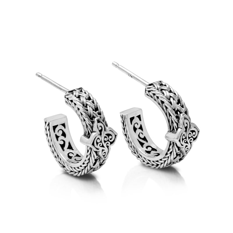 Small Intricate Textile Weave with LH Scroll Alhambra Accents Hoop Earrings