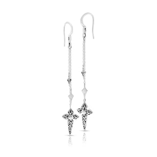 Stylized Cross LH Scroll Three Strand Drop Earrings 10mm x 60mm