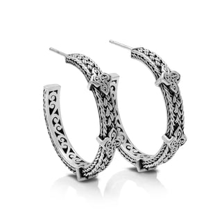 Large Intricate Textile Weave with LH Scroll Alhambra Accents Hoop Earrings