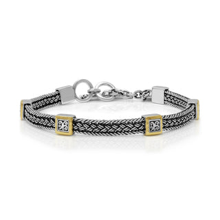 18K Gold Hammered Border & Signature Scroll Sterling Silver Textile Weave Station Bracelet