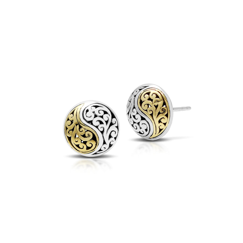18K Gold Accent Signature Open Scroll Yin-Yang Sterling Silver Stud Earrings