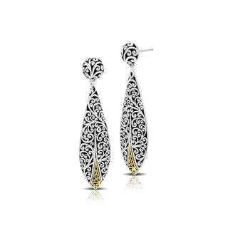 18K Gold Accent Signature Scroll Sterling Silver Long Marquise Post Earrings