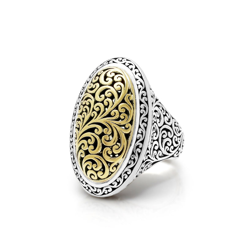 18K Gold Oval Signature Open Scroll Sterling Silver Ring
