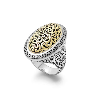 18K Gold Oval Signature Open Scroll Sterling Silver Ring