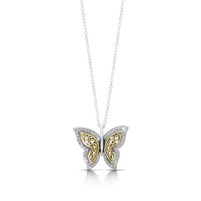 LH Scroll 18K Gold Butterfly and Diamond (.20 cts) Wings Necklace