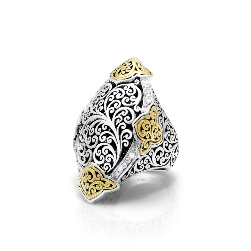 White Diamond (.16 ct) and 18K Gold Signature Scroll Accents & Sterling Silver Marquise Ring