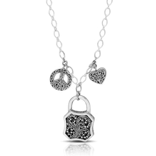 Peace and Love Charms on Alhambra Granulated & Scroll Reversible Padlock Necklace