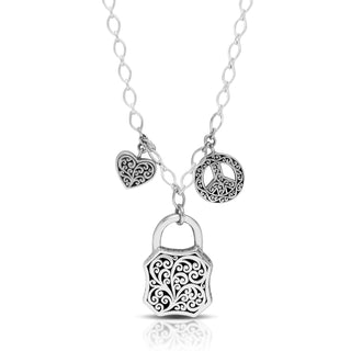 Peace and Love Charms on Alhambra Granulated & Scroll Reversible Padlock Necklace