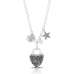 "Wishes Come True" Reversible Granulated & LH Scroll Shield Padlock, Star Charm Necklace