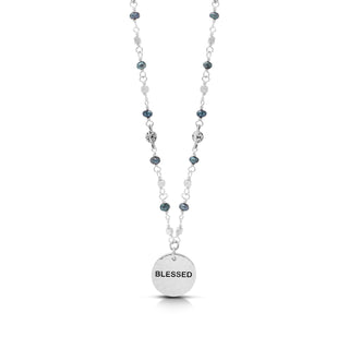 Blue Pearl Beads with Hammered "Blessed" Disk Pendant Necklace (17"-20")