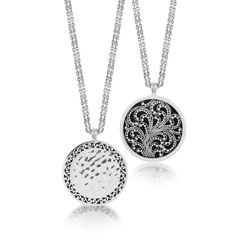 Classic Round Granulated Double Side Hammered Scroll Border Necklace