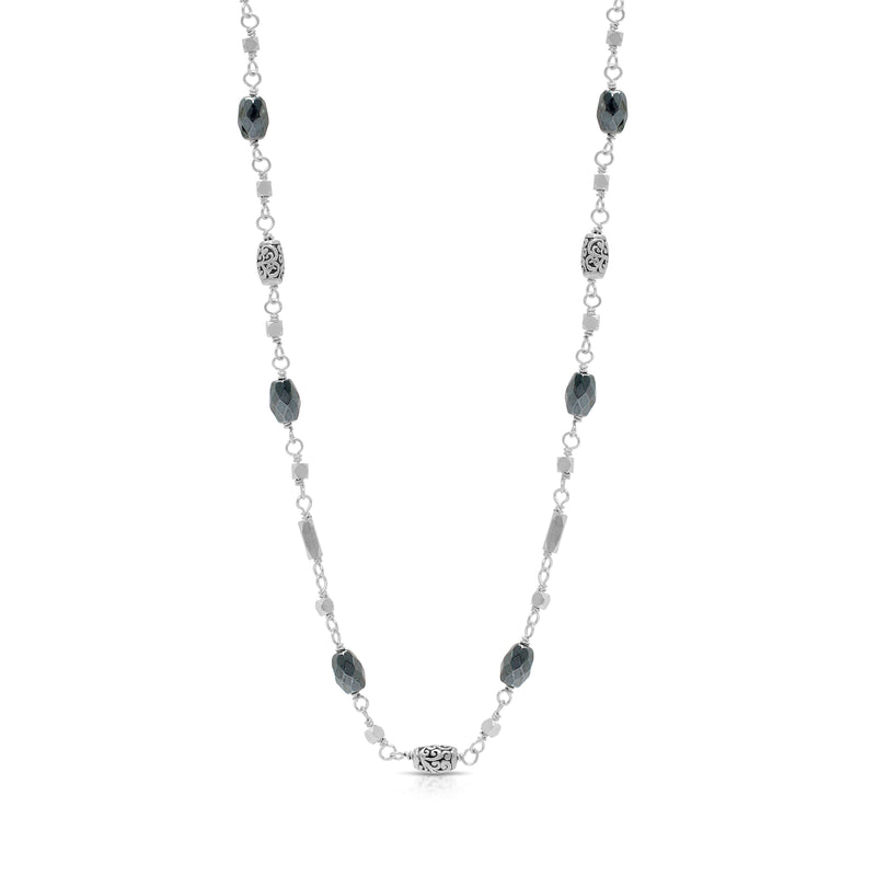 Hematite & LH Scroll Barel Beads Wire-Wrapped Necklace  (17"-20")