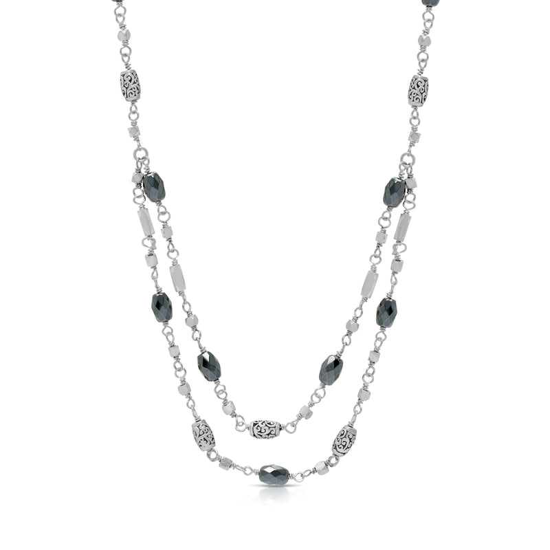 Hematite & LH Scroll Barel Beads Double Layers Wire-Wrapped Necklace  (17"-20")