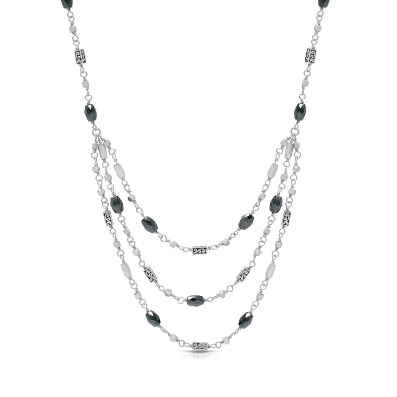 Hematite & LH Scroll Barel Beads In Three Strands Wire-Wrapped Necklace  (17"-20")