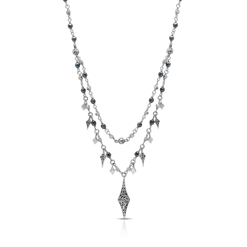 Hematite & LH Scroll Beads With Diamond-Shapped Charms Double Layered Wire Wrapped Necklace  (17"-20")