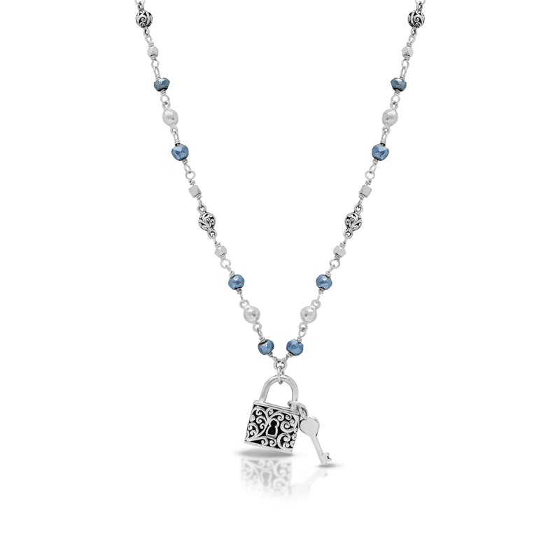 Light Blue Pyrite Mini Padlock and Key Bead Necklace 18" - 20"