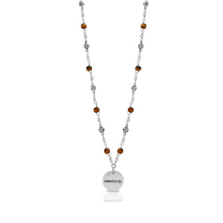 "Grateful" Disc Pendant (15mm) with Tiger-Eye Bead Wire Wrapped Necklace 18"-22"