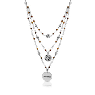 "Grateful" & "Gratitude" Pendant (15mm) with Triple Strand Tiger-Eye Bead Wire Wrapped Necklace 16"-20"