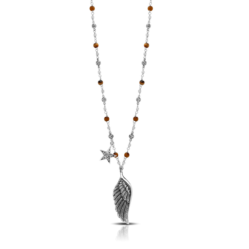 Angel Wing Pendant (10*27mm) with Scroll Star Charm Tiger-Eye Bead  Wire Wrapped Necklace 16"-20"