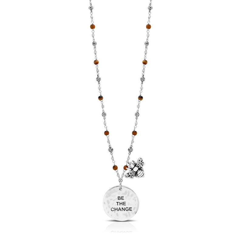 "Be The Change" with Bee Charm on Tiger-Eye Beads Wire-Wrapped Single Strand Necklace (18"- 22")